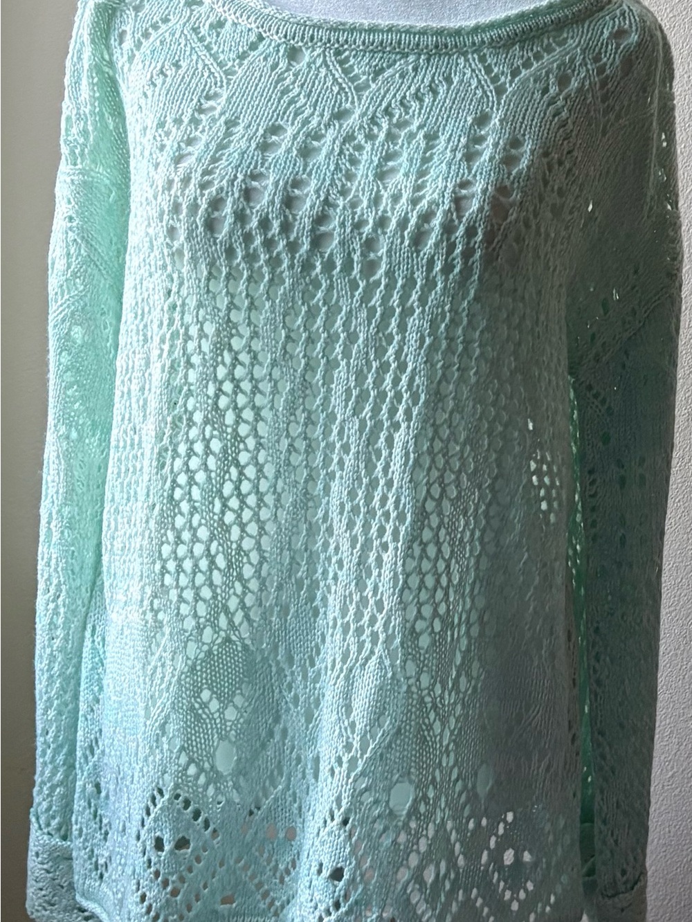 Grace & Lace Seafoam Green Open Knit Sweater Flare Sleeve Small P2P 21"